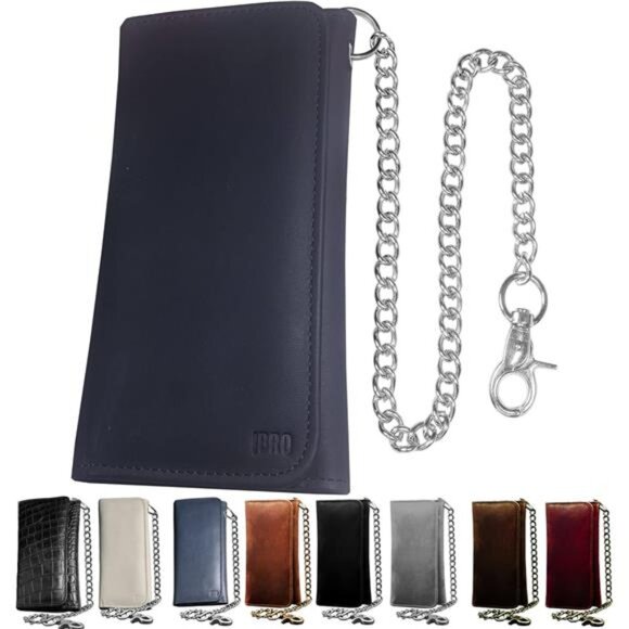 Motorcycle Chain Wallet for Men – 100% Natural Genuine Leather, Long Trifold - Picture 1 of 8